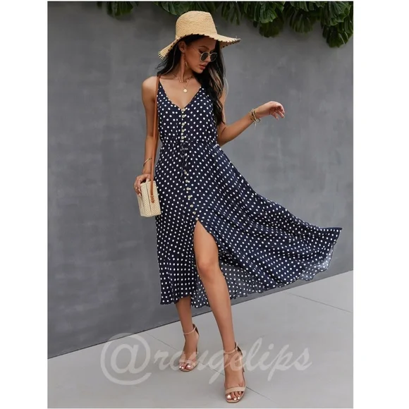 Navy Blue Polka Dot Midi Button Through Dress Flared V-Neck - Picture 2 of 9